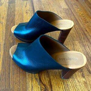 Chloe Leather Platform Mules Clogs Open Toe Heels | Black | 8